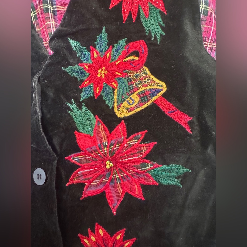 Vtg Casey & Max Christmas Holiday Vest Red Black Velvet Plaid Bells Poinsettia - Picture 3 of 7